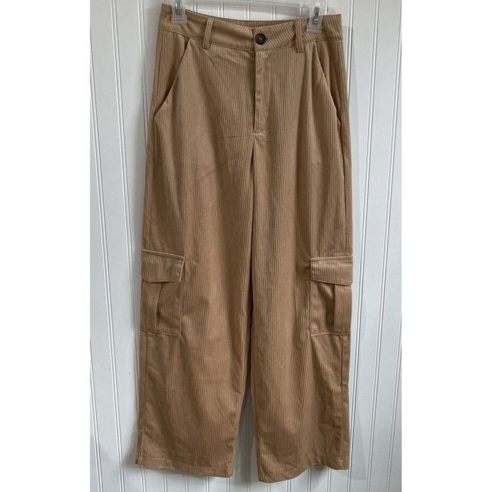 Shein‎ Pants Womens Small 4 Tan Corduroy Wide Leg Cargo Pockets High Rise